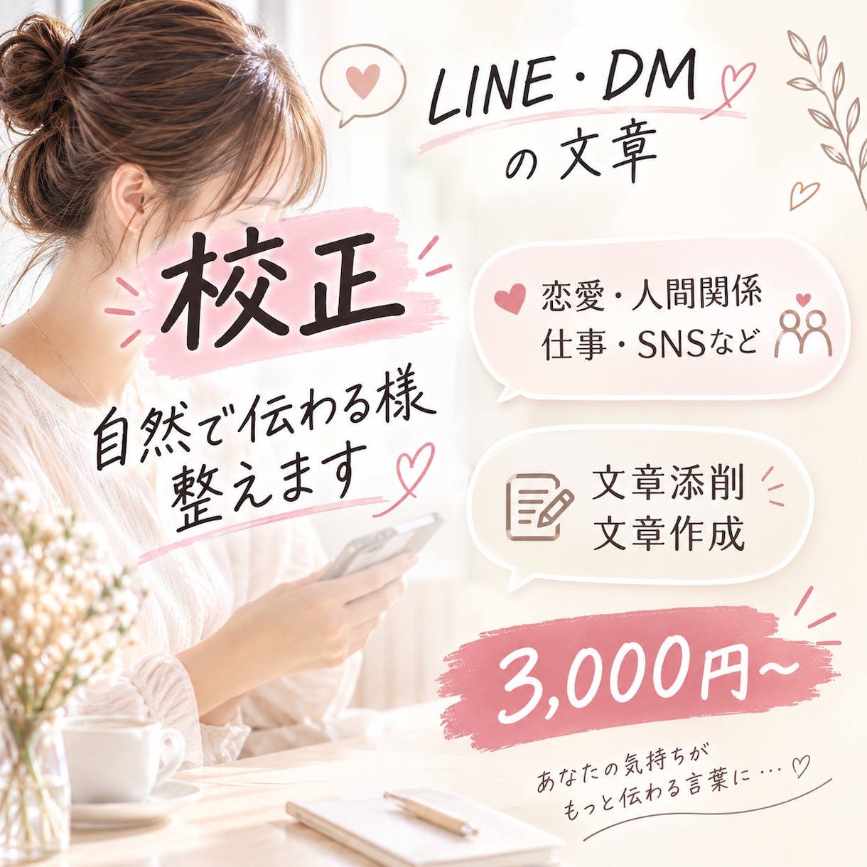 LINE・DMの文章を自然で伝わる文章に整えます 恋愛・仕事・人間関係などの文章を丁寧に添削します イメージ1