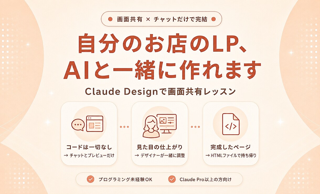 自分のお店のホームページ、AIと一緒に作れます Claudeのデザイン機能で、画面共有しながら伴走します イメージ1