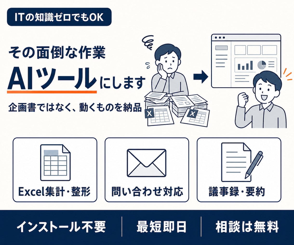 AIで面倒な業務を自動化するツールを作ります ｜ Excel集計も問い合わせ対応も、最短即日で自動化 イメージ1