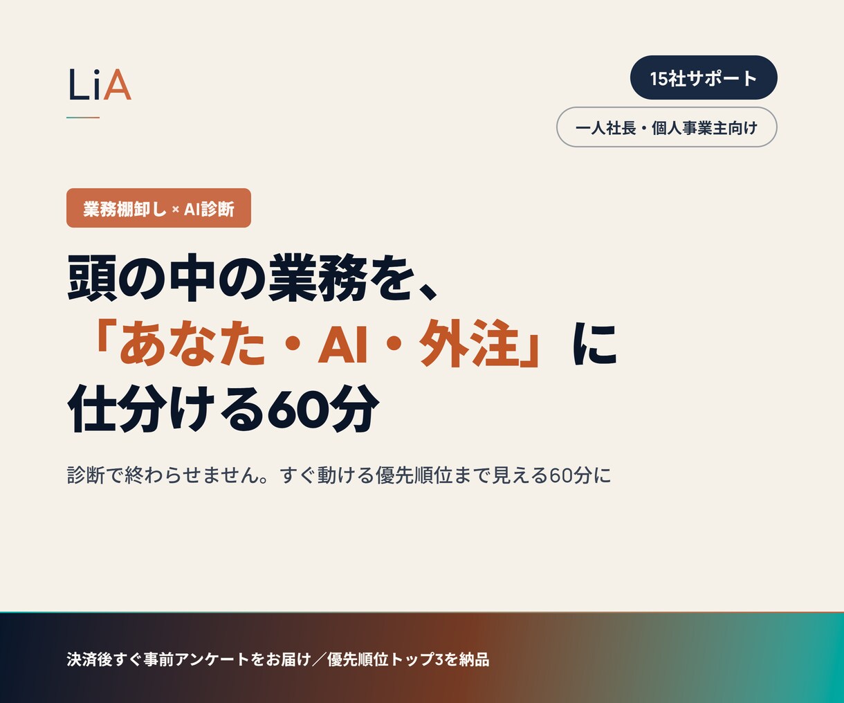 業務棚卸し×AI活用診断セッションをします 60分で、頭の中の業務を「あなた・AI・外注」に仕分けします イメージ1