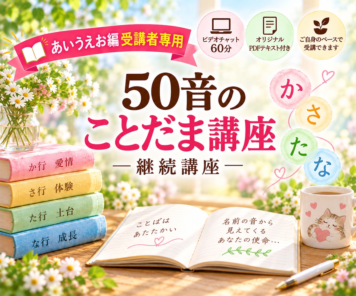 50音の意味を一つの行ずつ楽しく学びます 「あいうえお編」受講者限定♪ 続きの音を一緒に学びましょう イメージ1