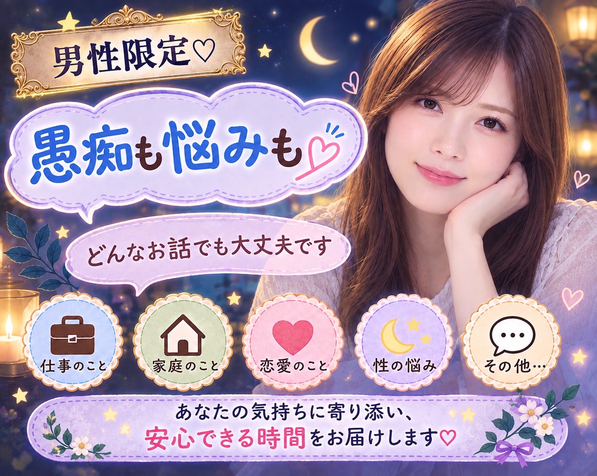 男性限定⭐︎1分からOK‼️優しくお支えします 家庭、恋愛、仕事、人間関係、性など、なんでも聞かせてね♡ イメージ1