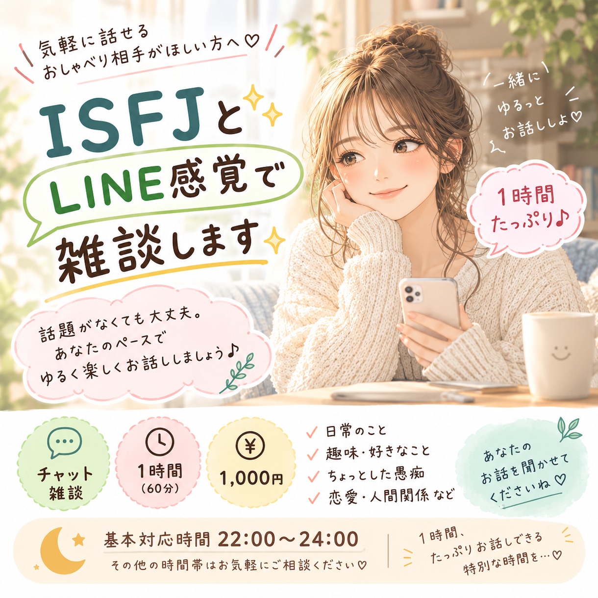 電話が苦手な方♪チャットで雑談します 誰かと話したい夜に、ほっとひと息つける時間を イメージ1
