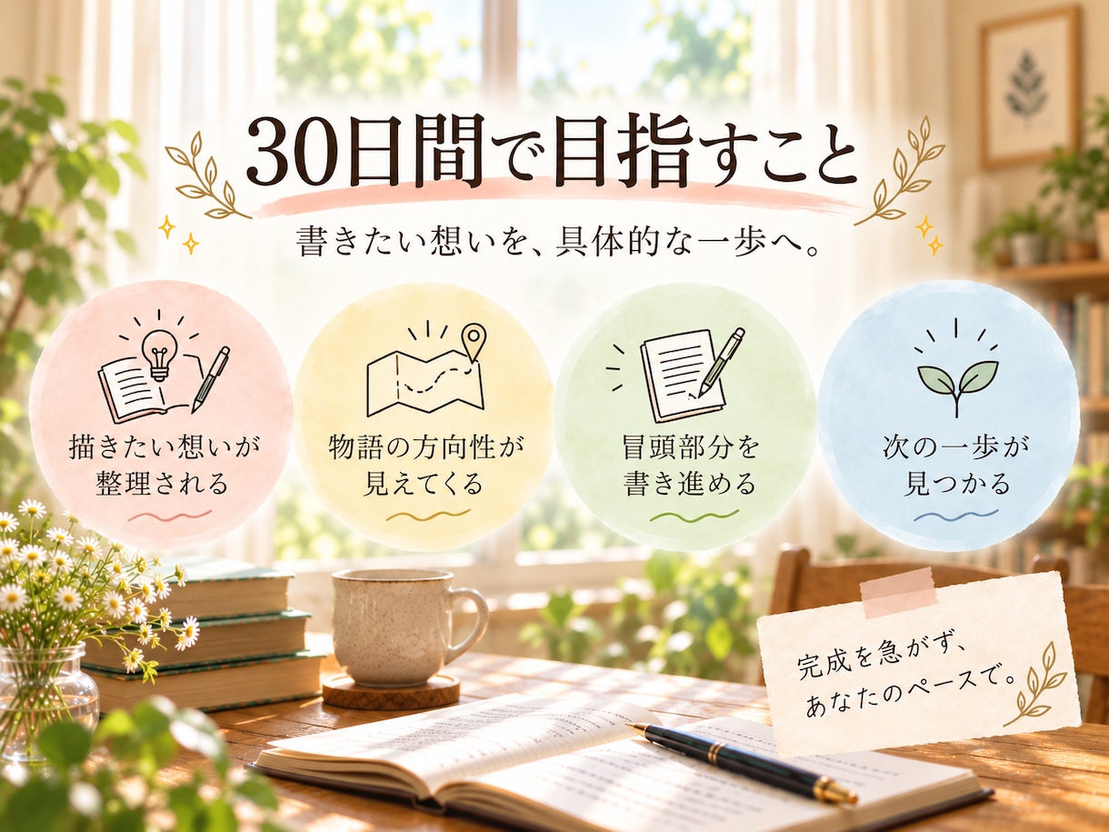 書きたい想いを物語に。小説家が30日間伴走します まずは、貴方らしい物語の紡ぎ方を対話で一緒に見つけましょう。 イメージ7