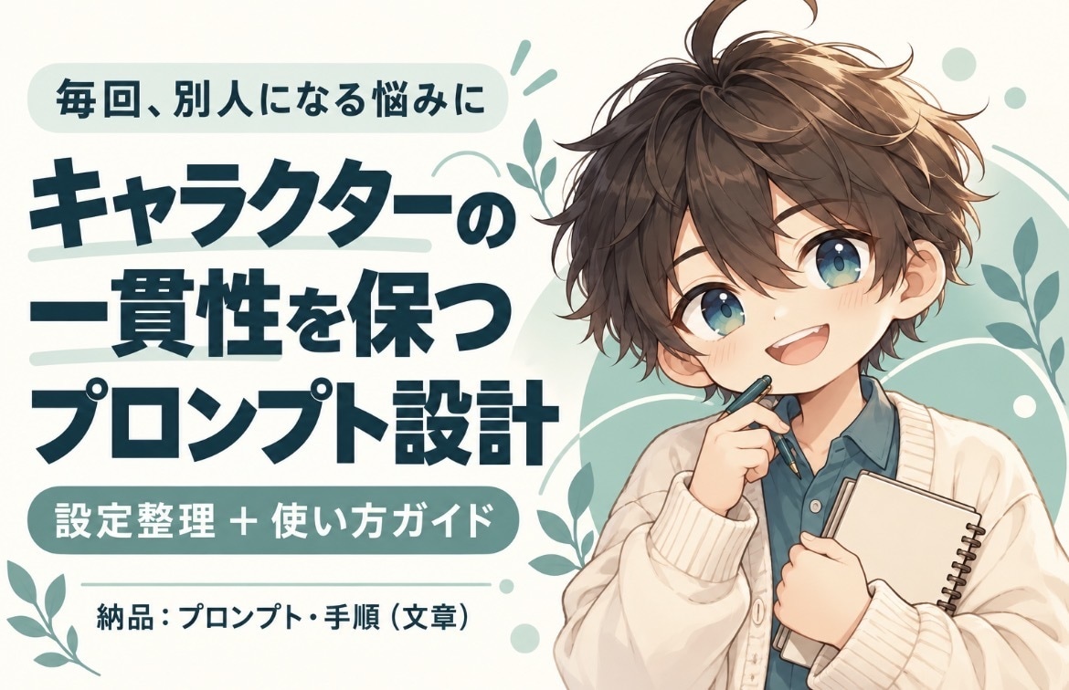同じキャラを再現するプロンプトを設計します 毎回別人になる悩みに。特徴を整理して、表情を変えやすく。 イメージ1