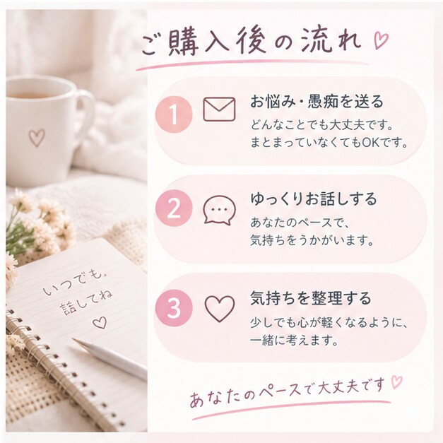 愚痴も悩みも何でも聞きます 「ちょっと聞いて！」だけでも大歓迎です☺️ イメージ4