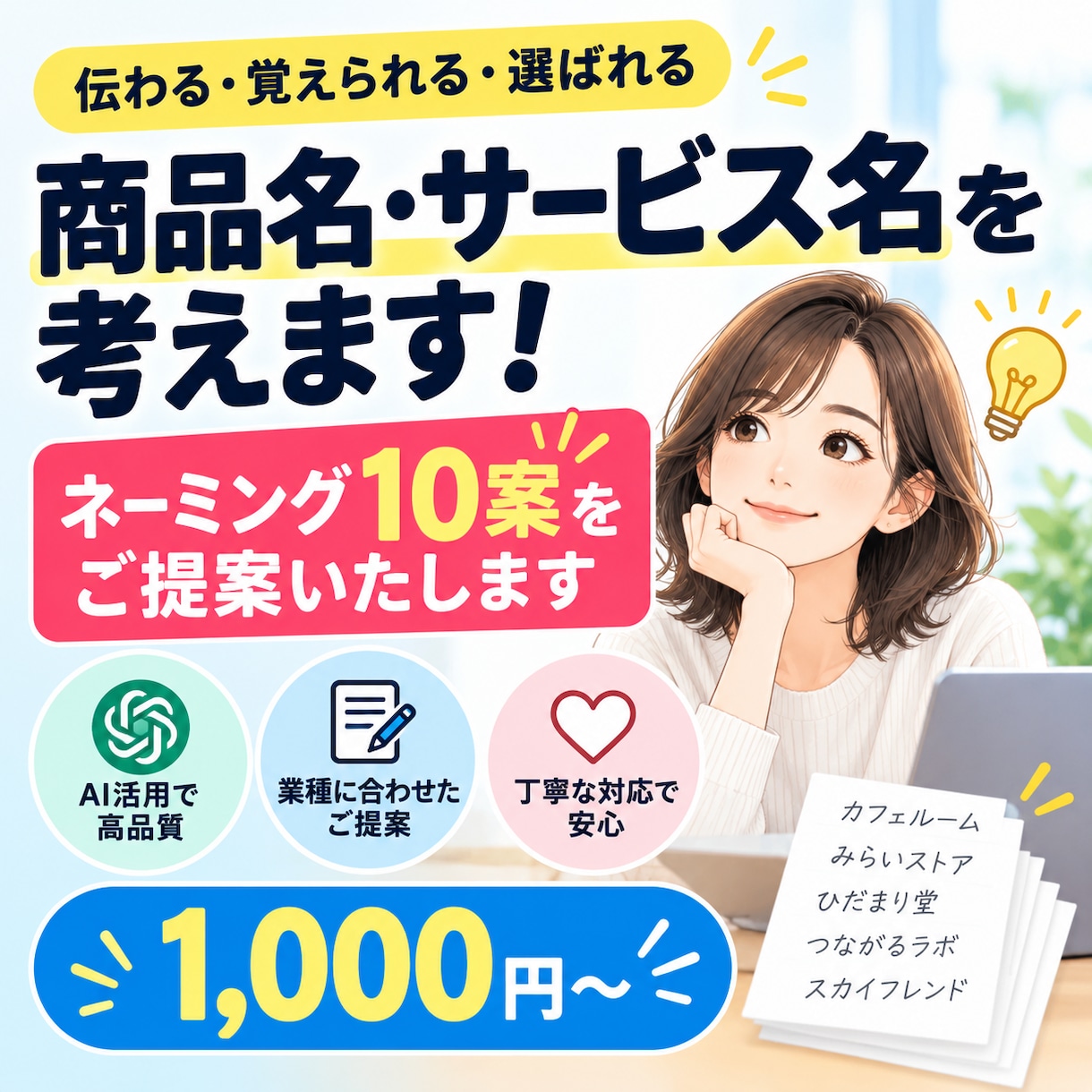 商品名やサービス名を10案考えますます AIを活用！あなたのイメージに合う名前を提案 イメージ1