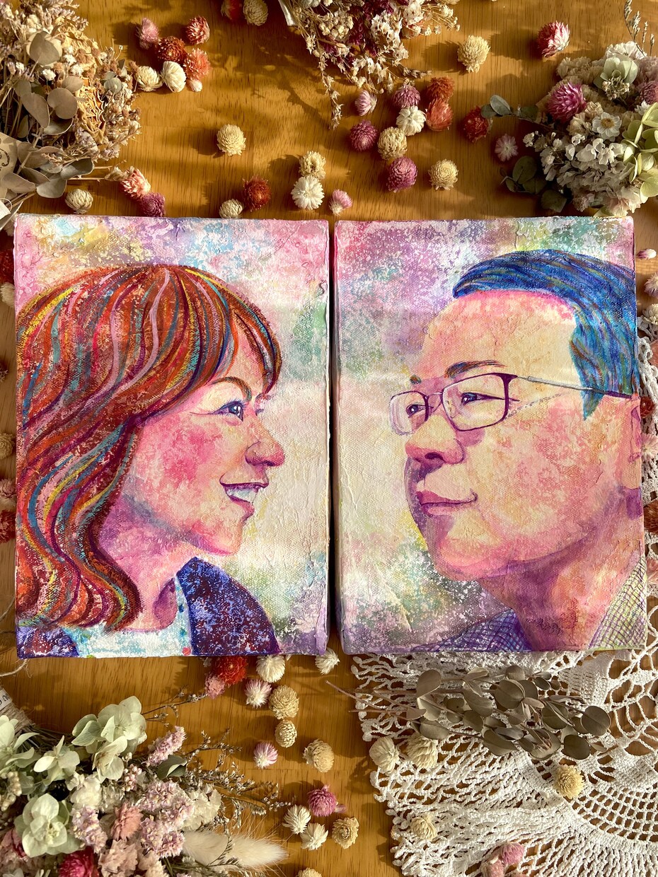 温かくて絵画的✨オシャレでそっくりな似顔絵描きます アクリル画の多彩なカラー、世界に一つの記念になる似顔絵作品 イメージ4