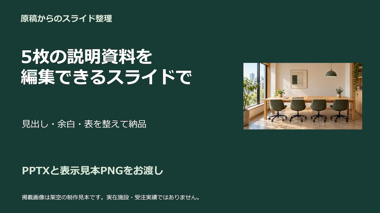 説明原稿を5枚のスライドに整理します 見出しと余白を整え、編集できる形式でお渡しします イメージ1