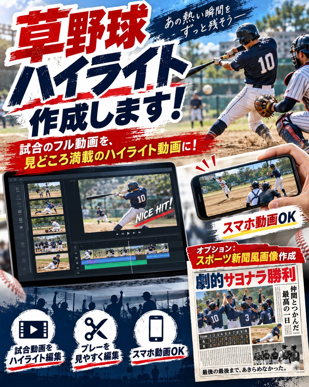 草野球ハイライト作成します 盛り上がった場面をハイライトにします（音声無し動画は不可） イメージ1