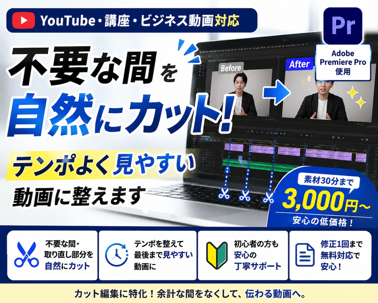 不要な間を自然にカット！見やすい動画に編集します 間延びした動画を、テンポよく見やすく整えます イメージ1