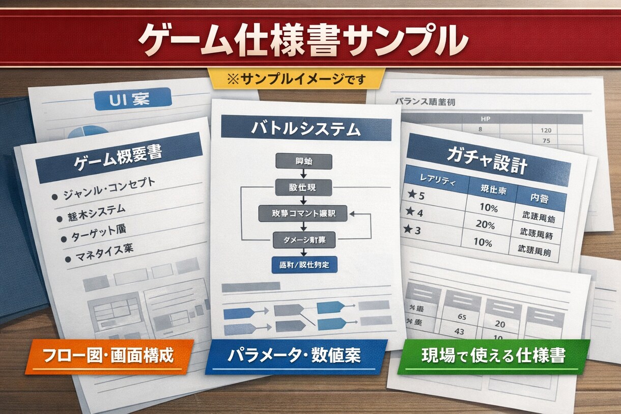 ゲーム企画を“実装できる仕様書”に落とします 企画止まり・口頭説明のアイデアを仕様書へ整理します イメージ1
