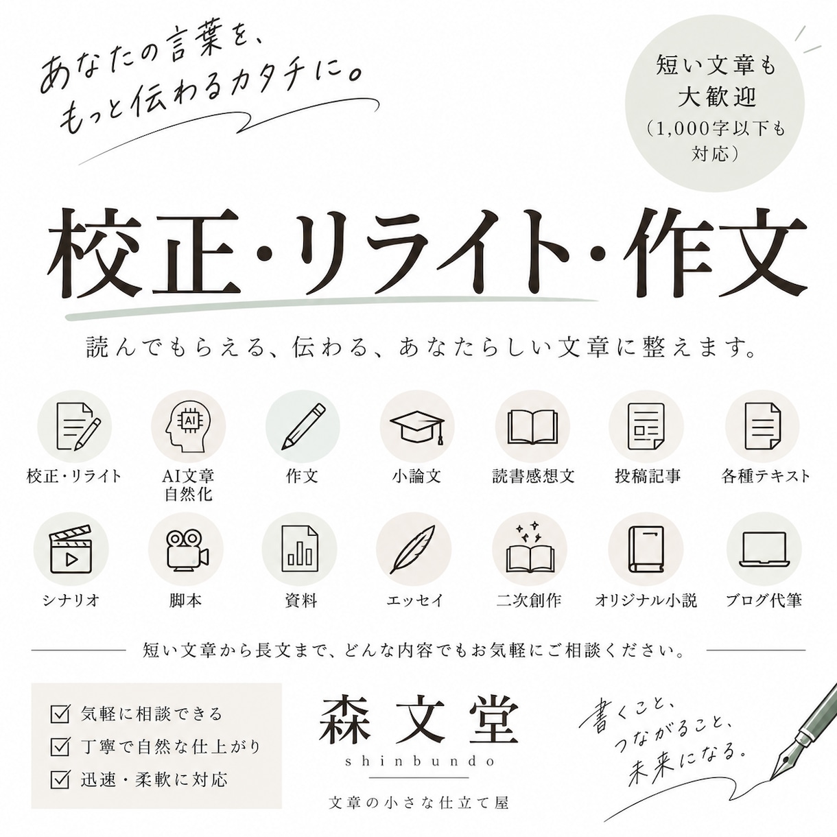 文章を丁寧に校正・リライト・作文します ご要望に応じて、自然で伝わる文章へ整えます！ イメージ1