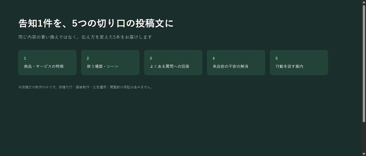 お店のSNS投稿文5本を作ります 告知1件を5つの切り口で伝える文章に整理 イメージ1