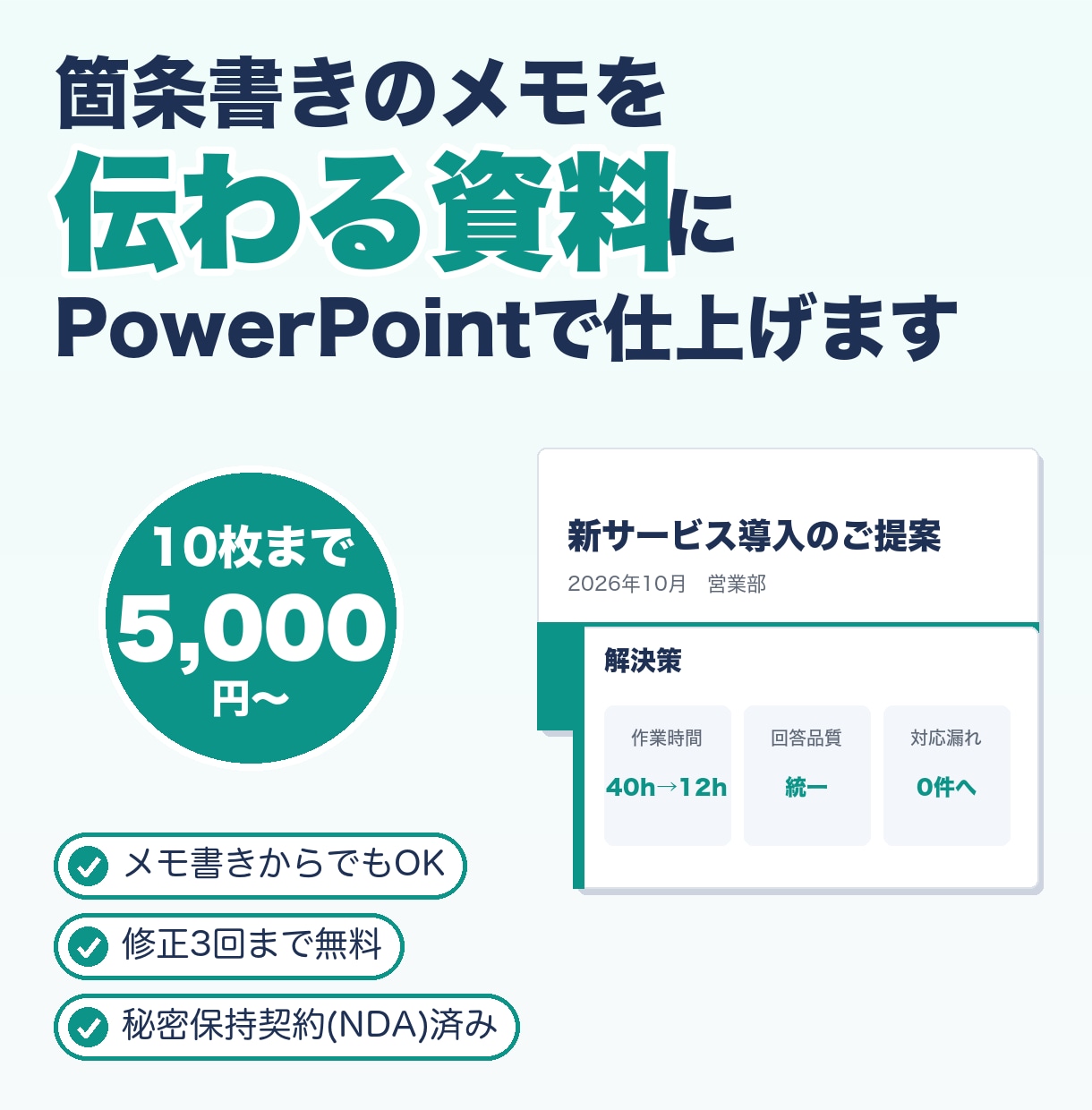 メモから伝わるPowerPoint資料を作成します メモ書きからOK！1枚1メッセージで伝わる資料に イメージ1