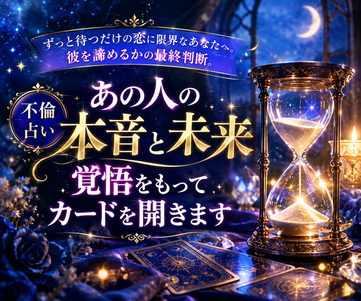 あの人の本音と未来、覚悟をもってカードを開きます ずっと待つだけの恋に限界なあなたへ。彼を諦めるかの最終判断。 イメージ1