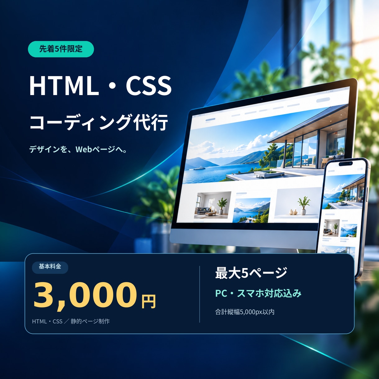 HTML・CSSコーディングを格安で代行しますます 先着5件！3,000円で最大5ページ・スマホ対応 イメージ1