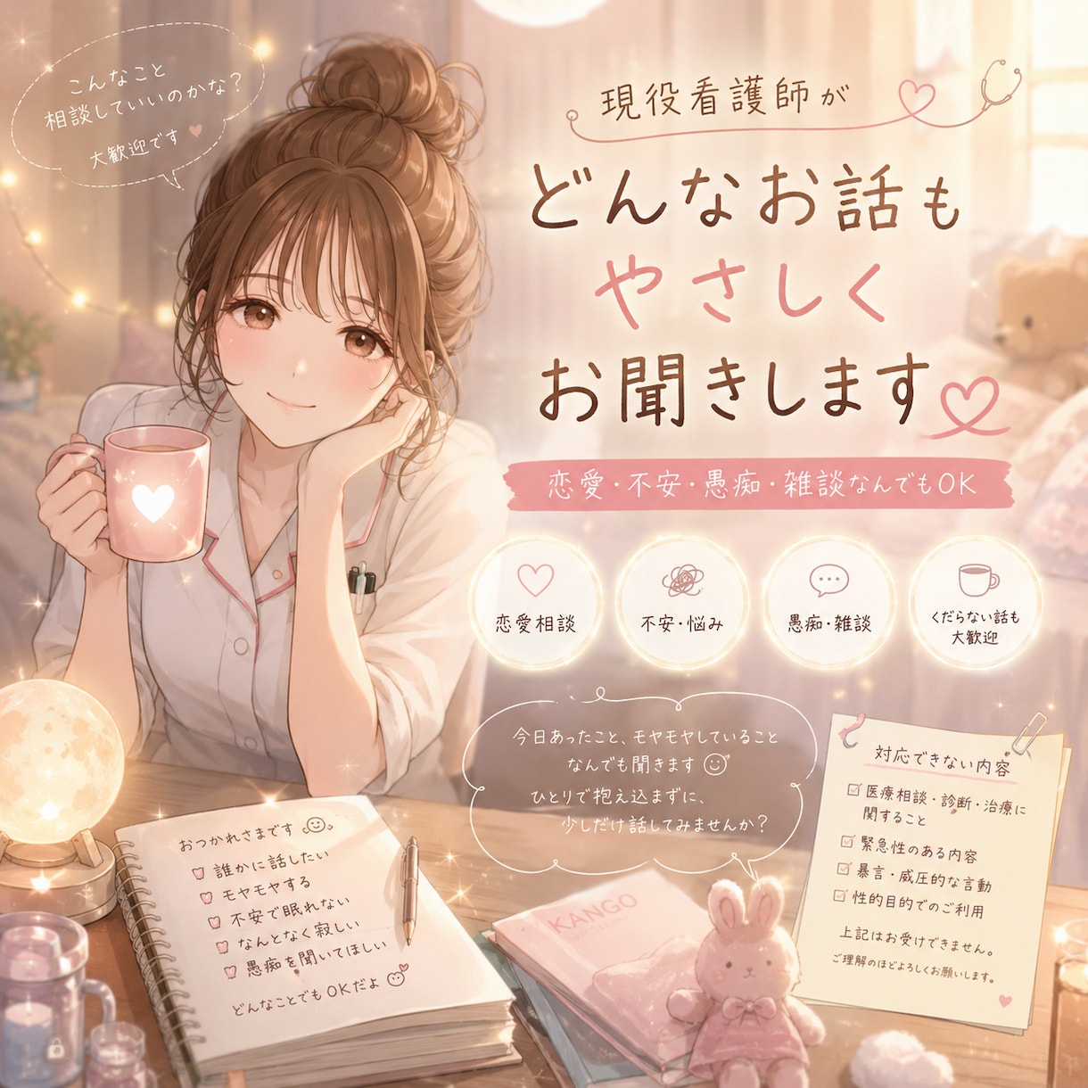 現役看護師が恋愛・愚痴・くだらない話優しく聞きます 現役看護師が、あなたのモヤモヤを優しく受け止めます イメージ1