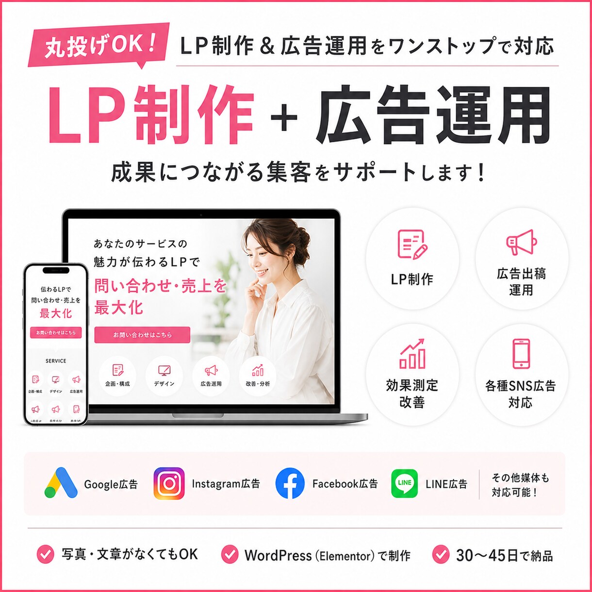 明瞭格安! LP制作+広告運用を一括対応します 写真や文章がなくてもOK。「何もない状態」からでもお任せを! イメージ1