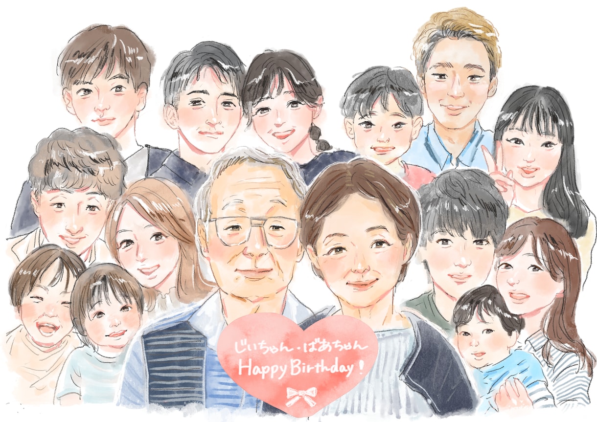大人数専用【お子様・ペットOK】似顔絵描きます 水彩風で記念日やお誕生日、還暦などプレゼントに最適♪ イメージ1