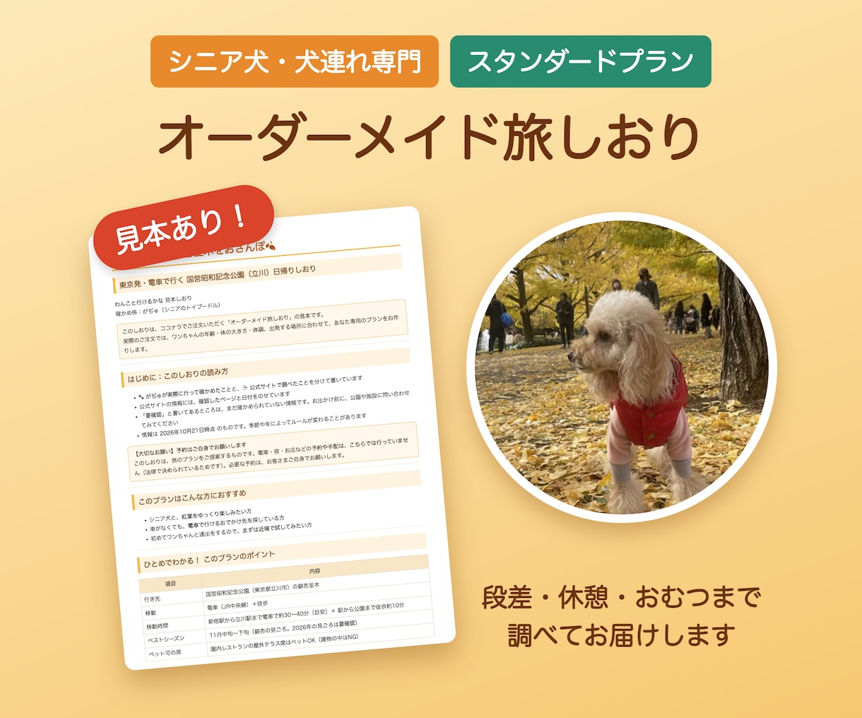 シニア犬の体力に合わせた犬連れ旅プラン作ります 段差・休憩・おむつまで調べる、シニア犬・犬連れ専門 イメージ2