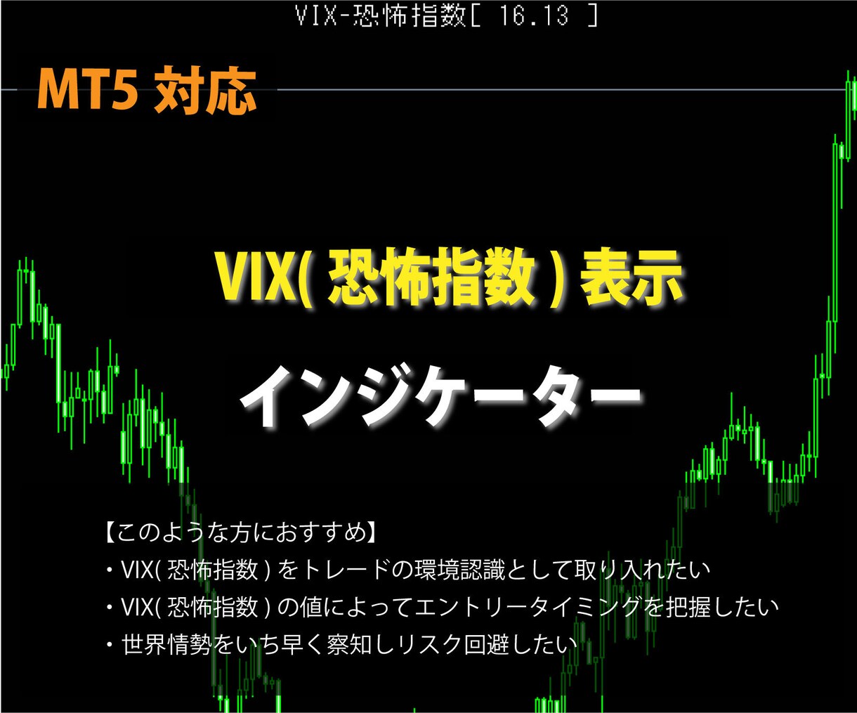 MT5 VIX(恐怖指数)をチャートへ表示します パラメーターの閾値で文字色を変更し警告表示！ イメージ1