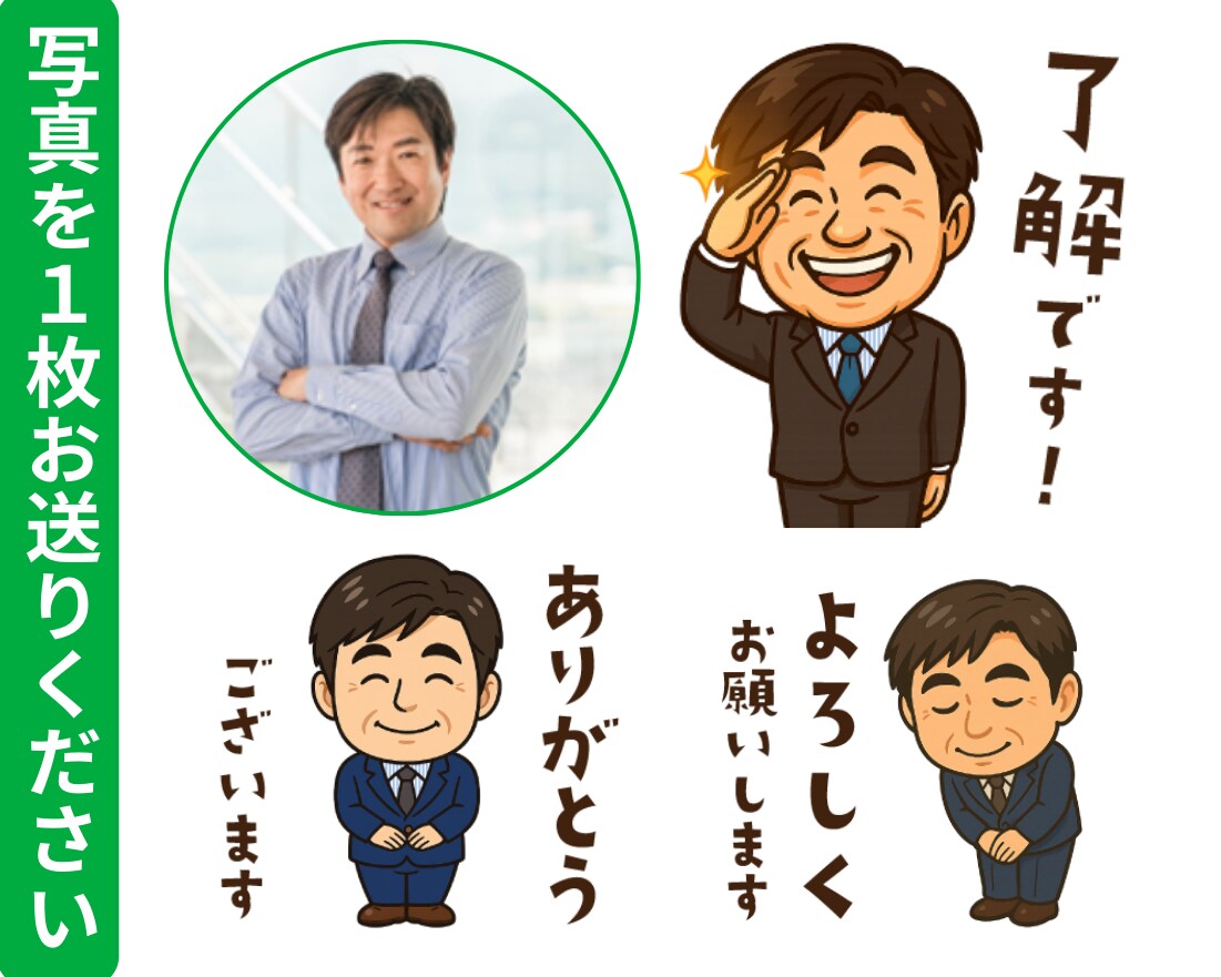 社長さんの高品質な似顔絵LINEスタンプ作ります 写真を1枚送るだけ。社長さんの似顔絵スタンプ8個♡商標利用可 イメージ2