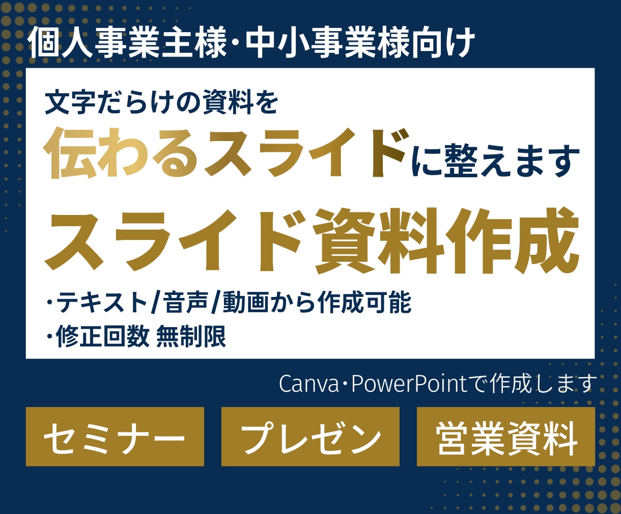 文字だらけの資料を「伝わるスライド」に整えます 一目で伝わるスライド・プレゼン資料・営業資料を作成します イメージ1