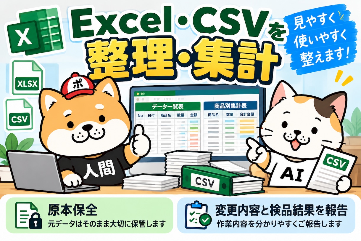 Excel・CSVの整理と売上集計をします 原本を残し、件数・合計・変更内容まで確認 イメージ1