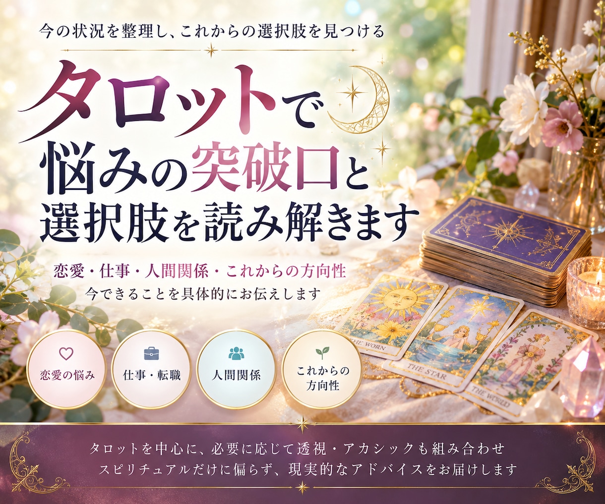タロットで悩みの突破口と選択肢を読み解きます 恋愛・仕事・人間関係｜今できることを具体的にお伝えします イメージ1