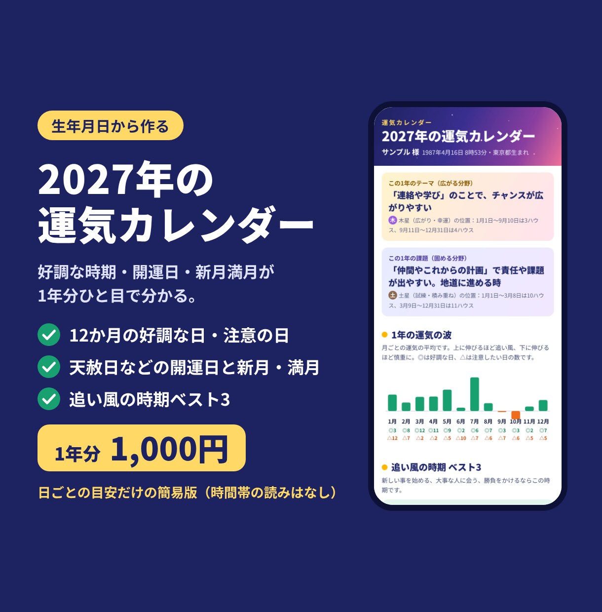 2027年の運気カレンダーを星読みで作ります 好調な時期・開運日・新月満月が1年分ひと目で イメージ1