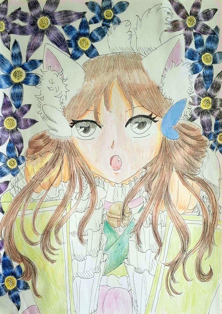 お花に囲まれた色鉛筆とペン画の1枚絵描きます オリジナルの1枚絵が欲しい人必見！ イメージ1