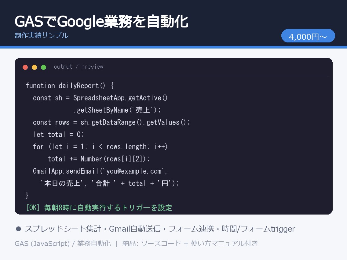 GASでGoogle業務を自動化します スプレッドシート・Gmail・カレンダー連携を自動化 イメージ1