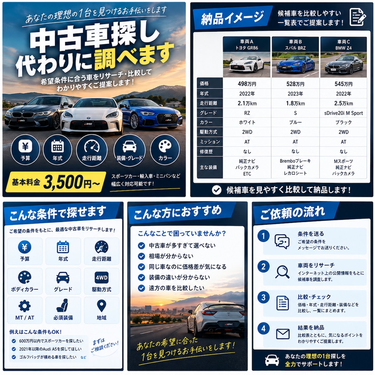 希望条件に合う中古車を徹底リサーチします 予算・年式・走行距離などから中古車を探して比較します！ イメージ1