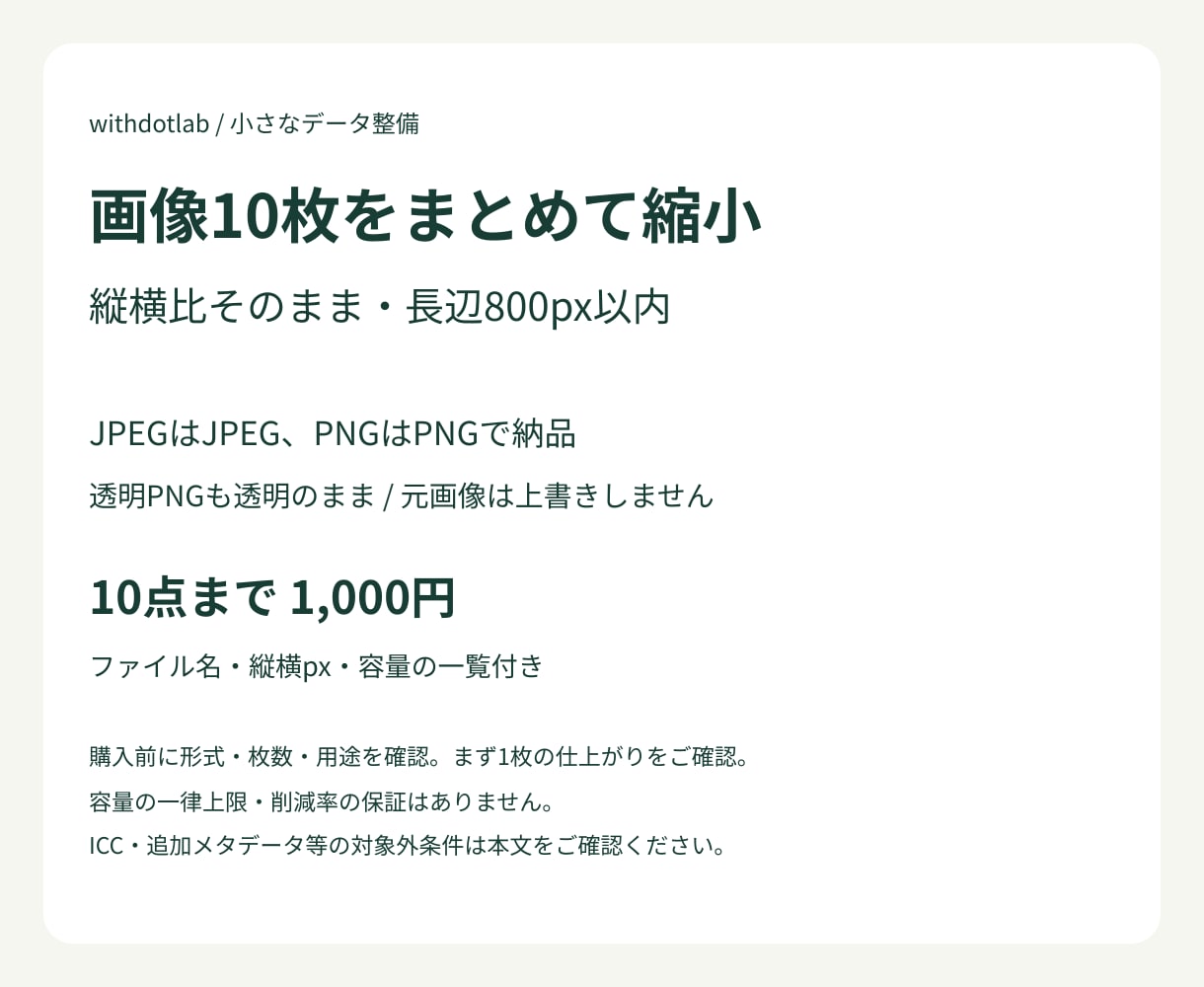 画像10枚を縦横比そのまま縮小します JPEG・PNG対応、寸法と容量の一覧付き イメージ1