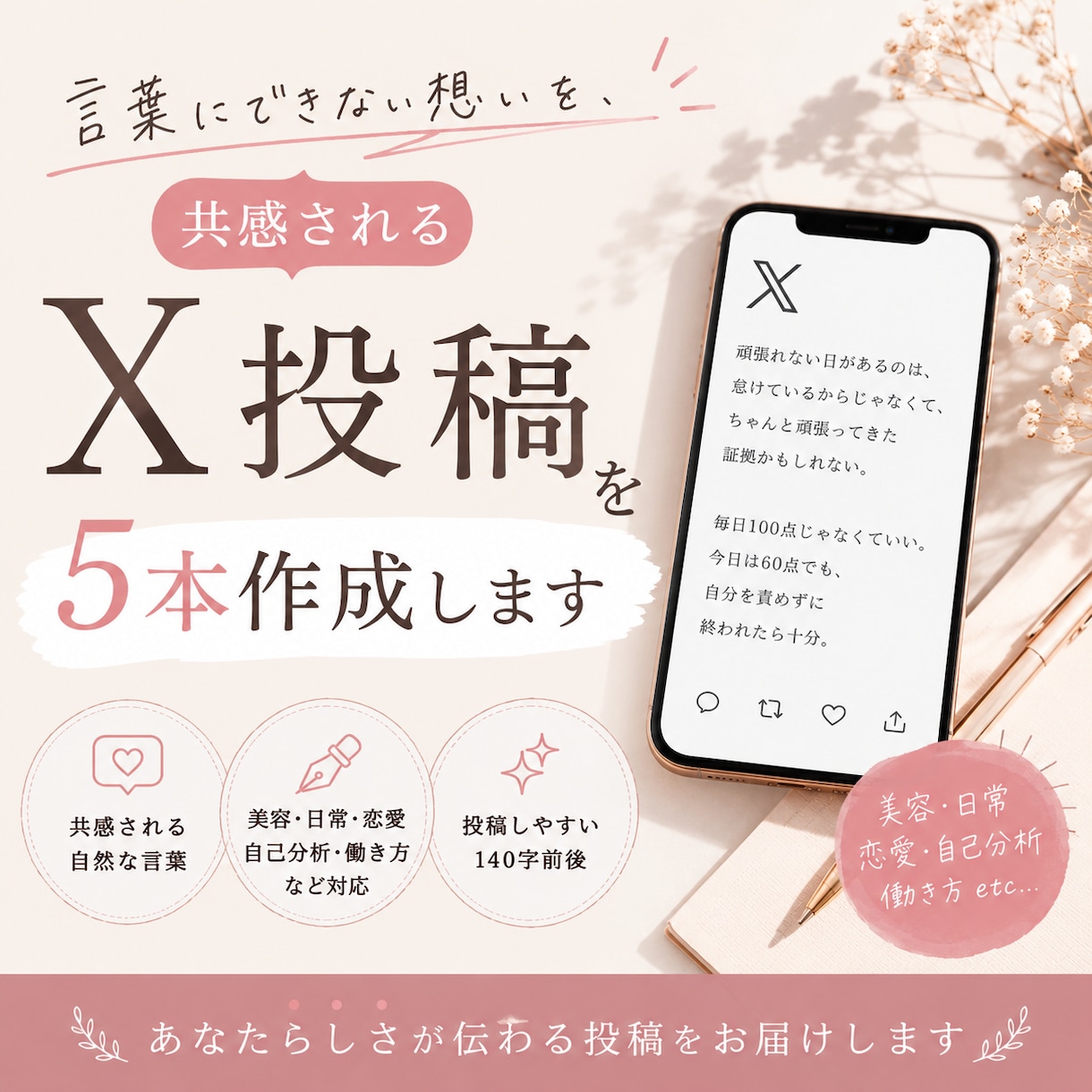言葉にできない想いを、共感されるX投稿にします 投稿ネタがない方へ、あなたらしい発信をお手伝いします イメージ1