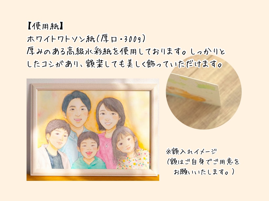 手描き水彩で描く、やさしい家族似顔絵を作成します 家族の思い出を残したい方や、贈り物におすすめの似顔絵【A4】 イメージ7