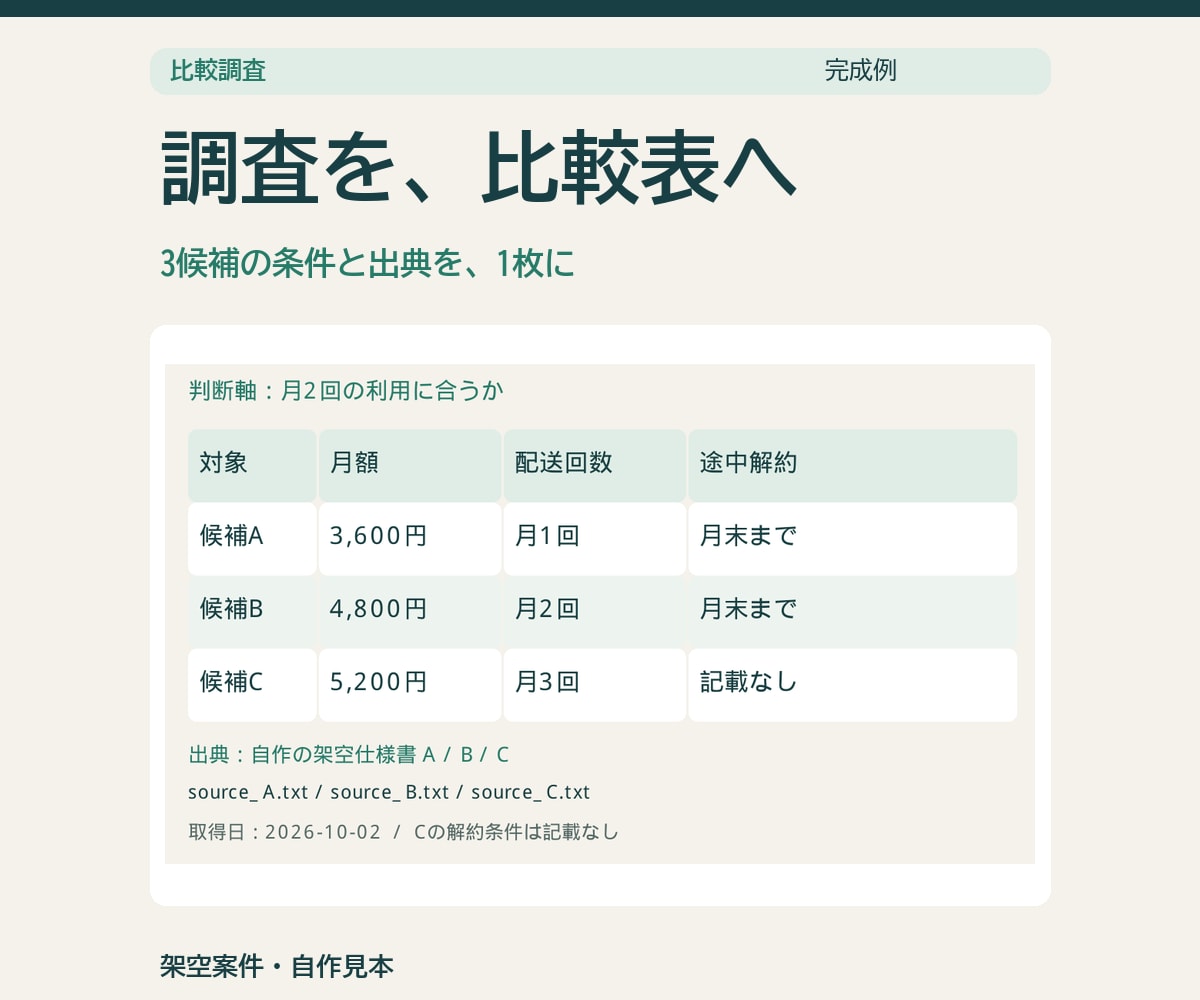 競合5件を出典付き比較表に整理します 価格と条件を、出典を開いて比べられる形に イメージ2