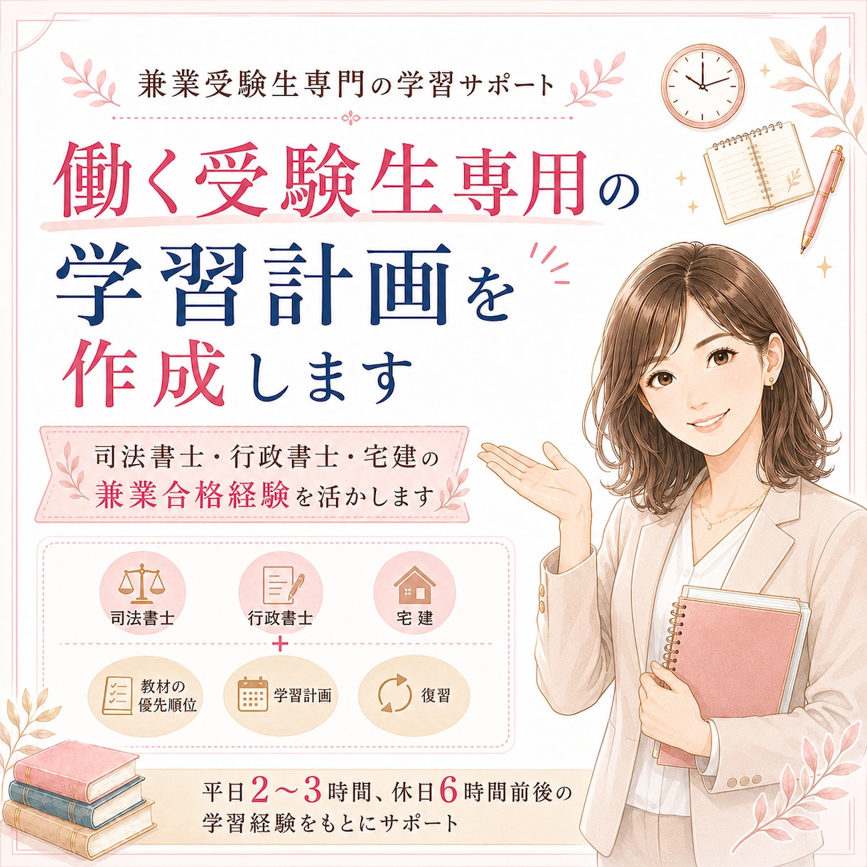 働く受験生専用の学習計画を作成します 司法書士・行政書士・宅建の兼業合格経験を活かします イメージ1