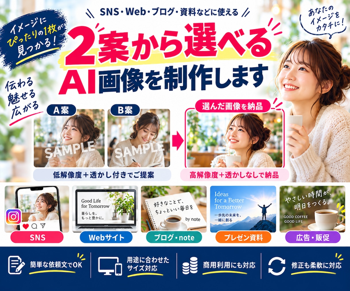2案から選べるAI画像を制作します 確認後、選んだ画像を高解像度・透かしなしで納品 イメージ1