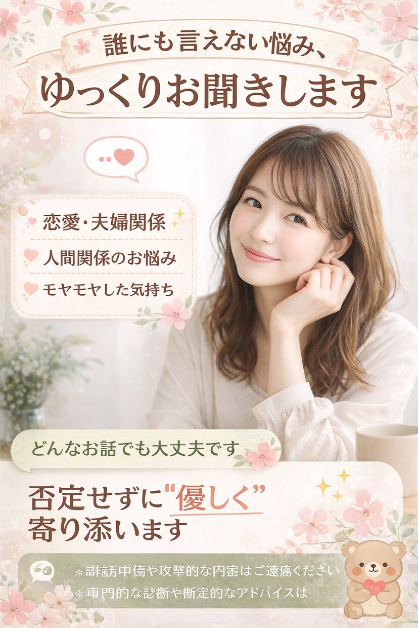 誰にも言えない悩み、優しくお聞きします 否定せず寄り添います。安心してお話ください イメージ1