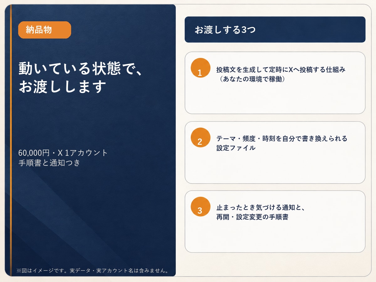 Xの自動投稿の仕組みを作って、動く状態で渡します 投稿文の生成から投稿まで、人の手を挟まない形で残します イメージ6