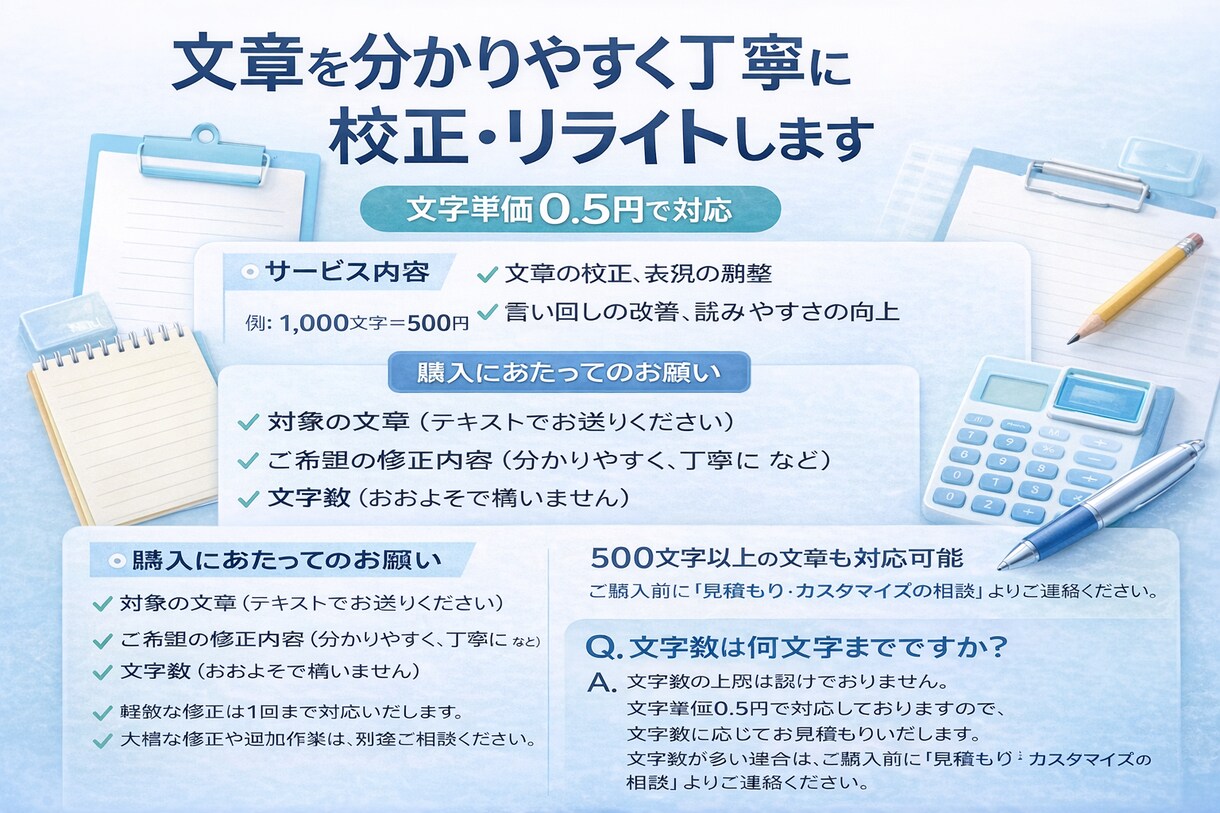 文章を分かりやすく丁寧に校正します 短い文章を、分かりやすく丁寧に整えます イメージ1