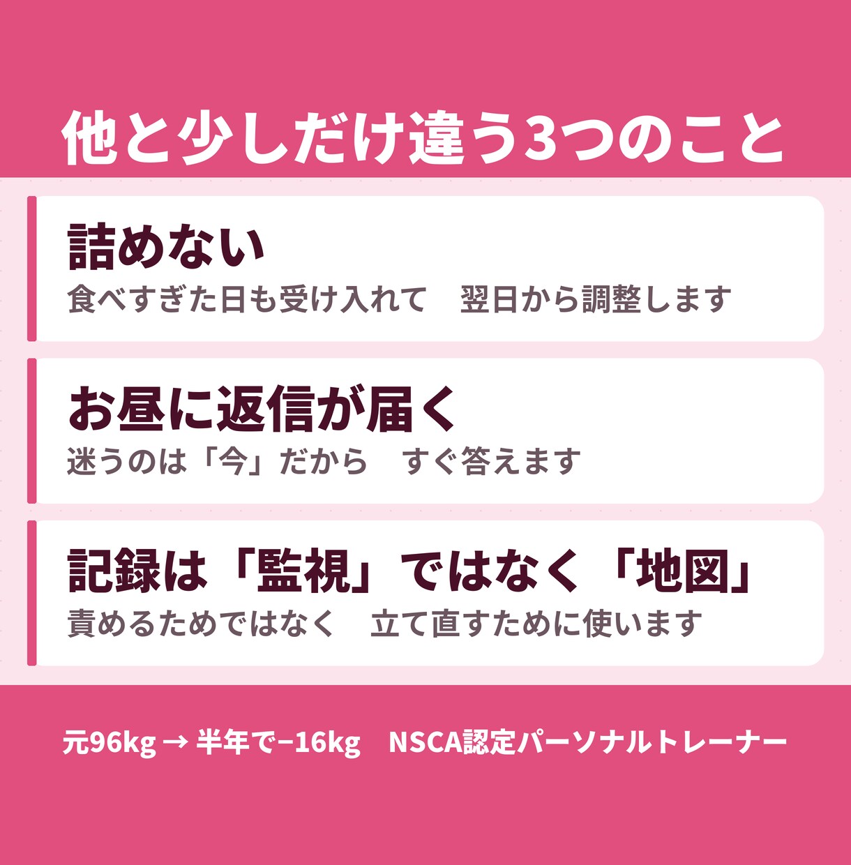 元96kgトレーナーが1ヶ月食事指導で伴走します モニター様大募集中！1ヶ月の伴走サポートを行います！ イメージ4