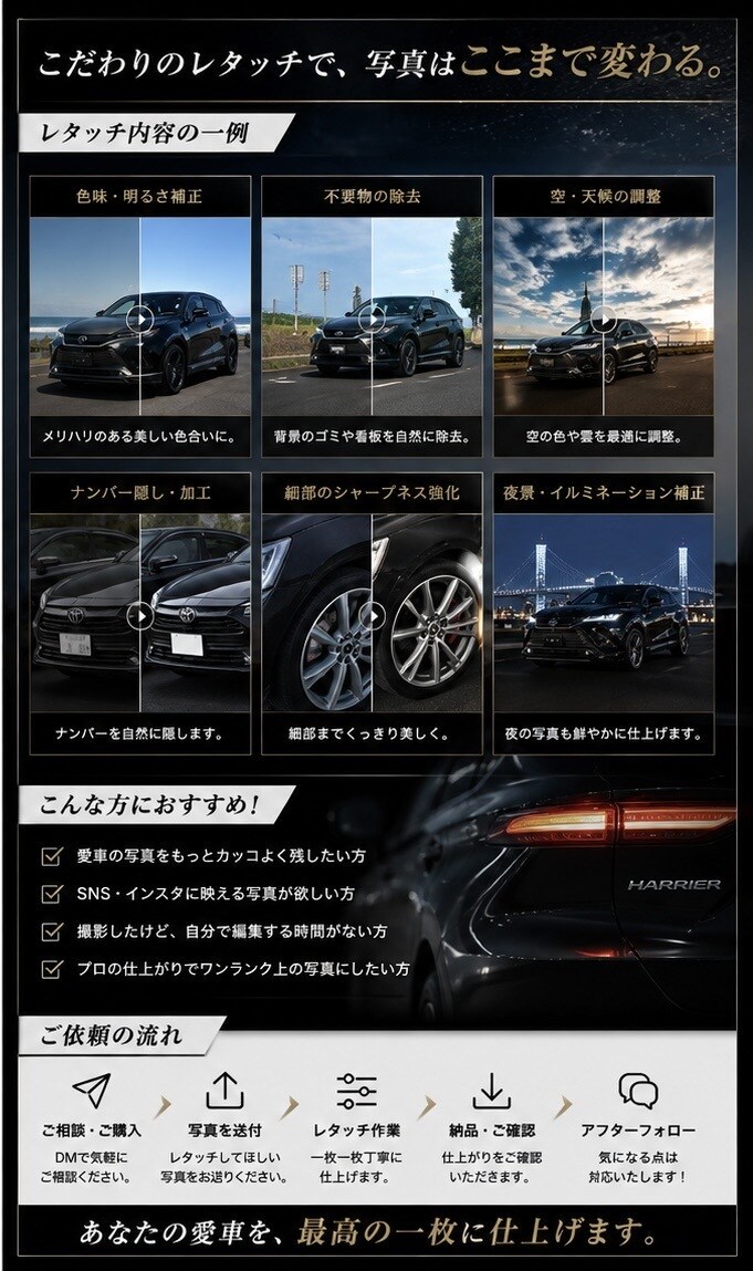 愛車の写真をカッコよくレタッチします SNS投稿用や思い出の愛車写真を、丁寧にレタッチします。 イメージ2