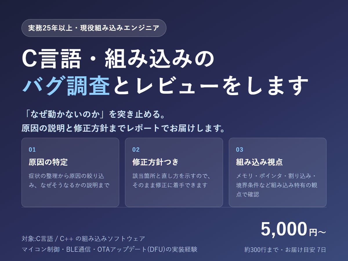 C言語・組み込みのバグ調査とレビューをします 実務25年以上の現役エンジニアが原因と対策を示します イメージ1