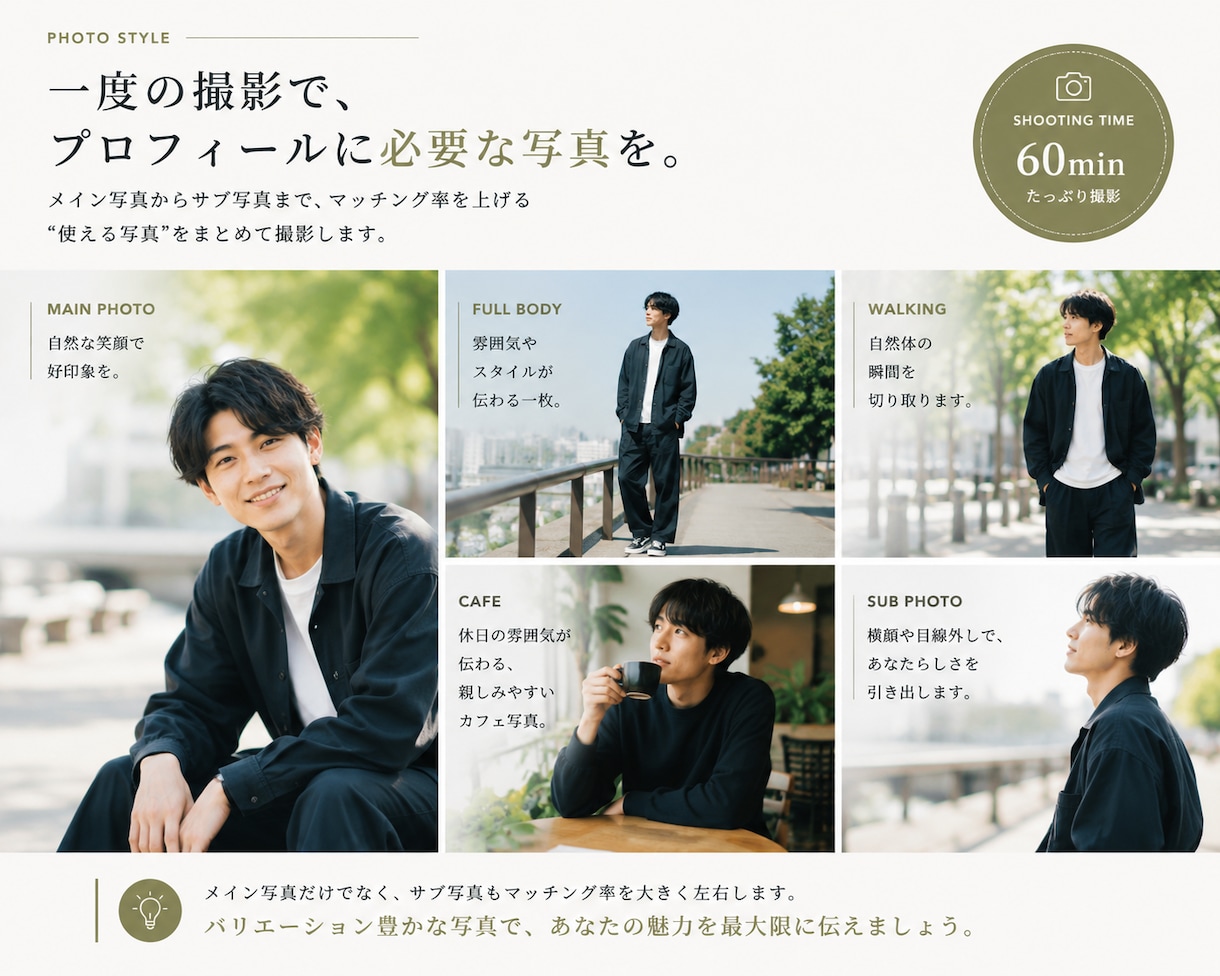 マッチングアプリに使える自然な写真を撮影します 出会いのきっかけを、一枚の写真から。 イメージ3