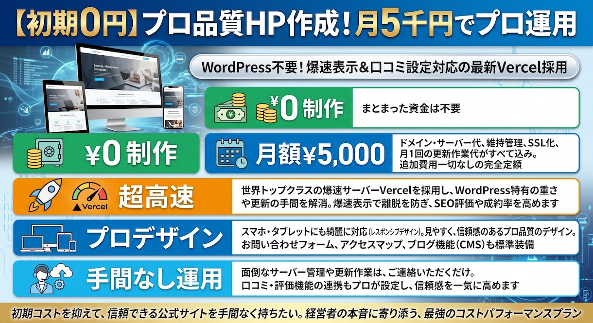 初期費用0円！！最新Vercel環境で作成します Wordpress不要！爆速表示＆口コミ評価設定も対応 イメージ1