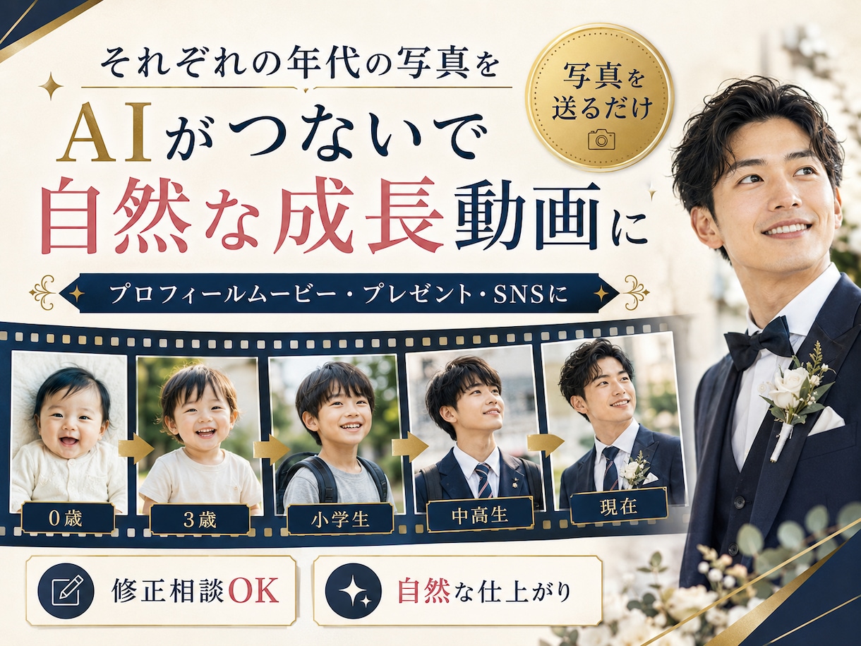 写真が動いて成長！結婚式プロフィール動画を作ります AI成長動画制作｜準備が面倒な方へ｜写真を数枚送るだけでOK イメージ1