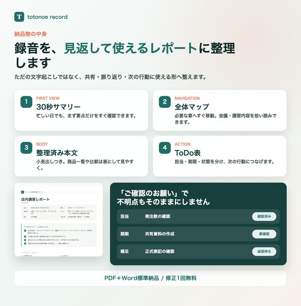 美容師歴20年店長経験者が録音をレポートに整えます 議事録・面談記録・講習メモに。専門用語もそのまま整理できます イメージ4